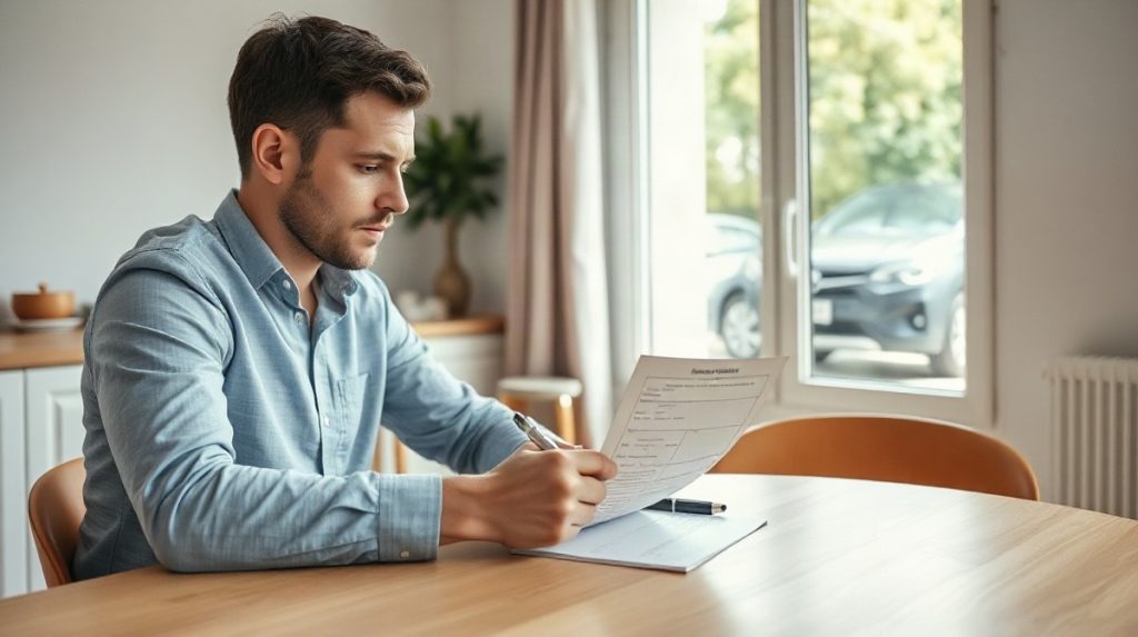 Personne signant un document barré à table, voiture visible par la fenêtre