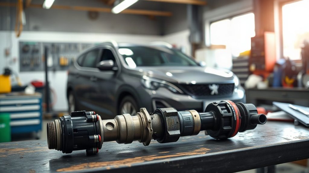 Rampe d’injection automobile posée sur un établi, véhicule et outils en arrière-plan