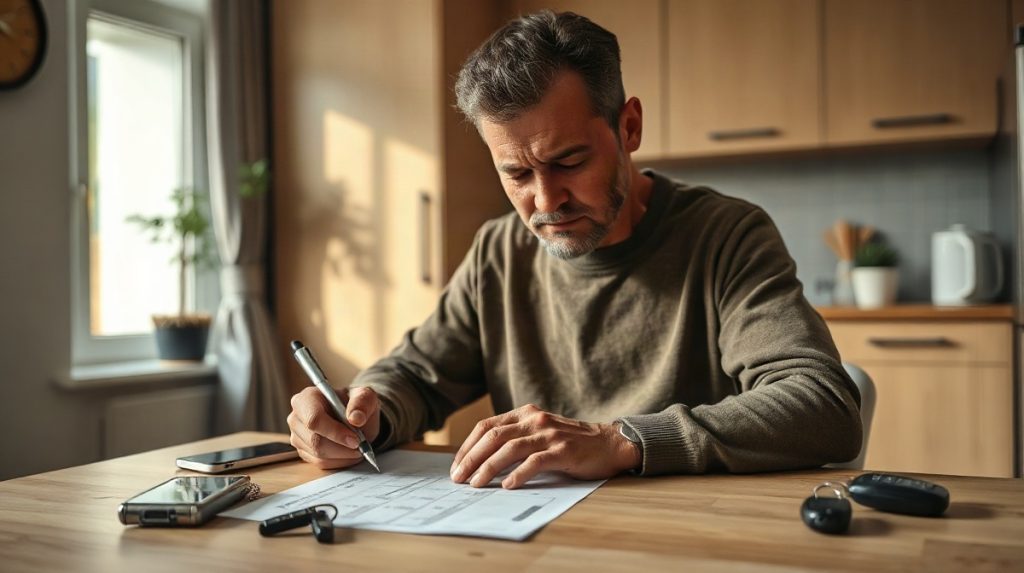Adulte remplissant un formulaire, avec des clés de voiture à côté