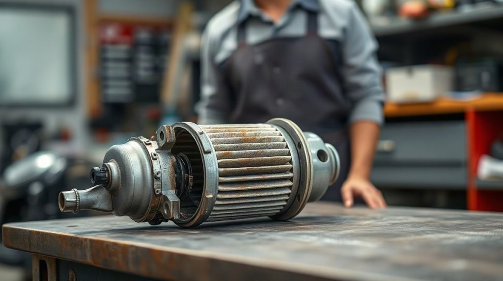 Filtre à particules diesel démonté sur un établi, mécanicien en arrière-plan