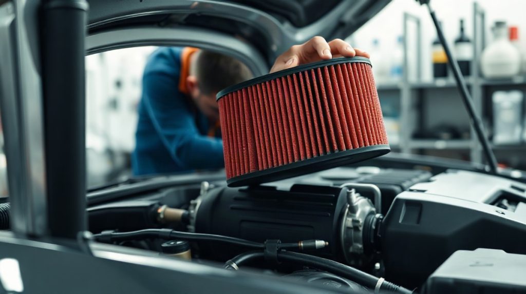 Filtre à air rouge installé dans le boîtier moteur ouvert d’une voiture