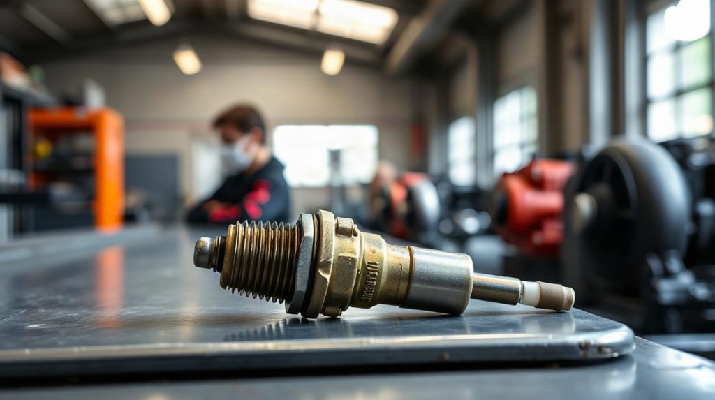 Bougie de préchauffage diesel posée sur un établi métallique