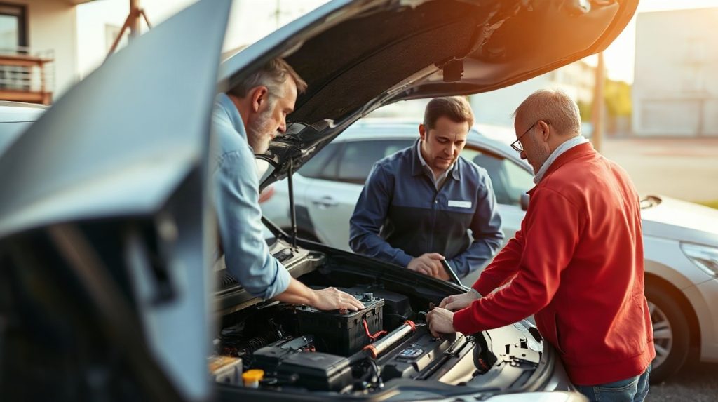 Propriétaire et mécanicien inspectant la batterie d’une voiture capot ouvert