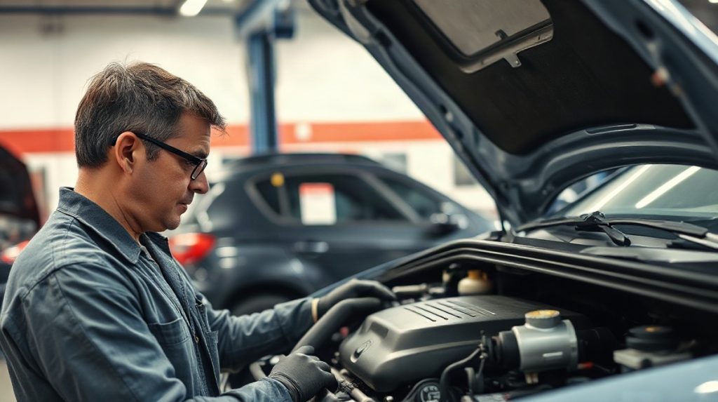 Mécanicien inspectant le moteur d’une voiture au capot ouvert dans un garage